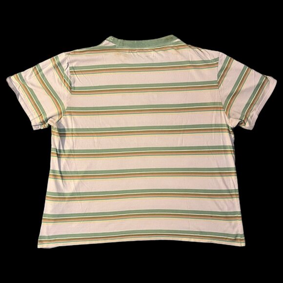 Guess Originals Brand Striped Neutral Earth Tone Colorblock Embroidered T-shirt - Picture 3 of 6